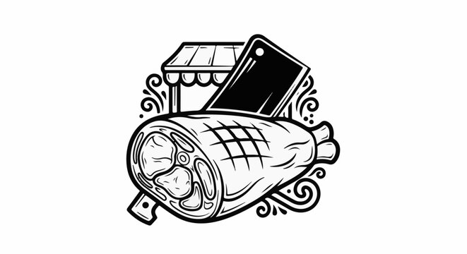 Stylized drawing of a leg of meat with a butcher's cleaver above it