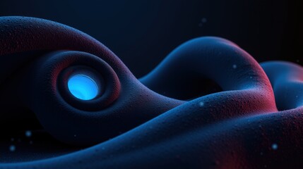 Fototapeta premium Abstract fluid forms, glowing center. Dark blue, red hues create dramatic texture. Smooth curves suggest organic shapes, depth.