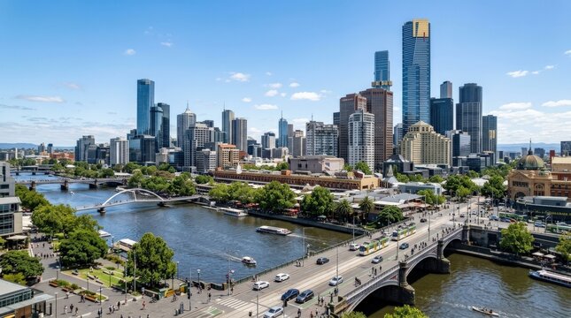 Scenic view of Melbourne skyline and Yarra River on a sunny day, urban travel destination for tourism, architecture, city branding and waterfront lifestyle, clear panoramic atmosphere with strong