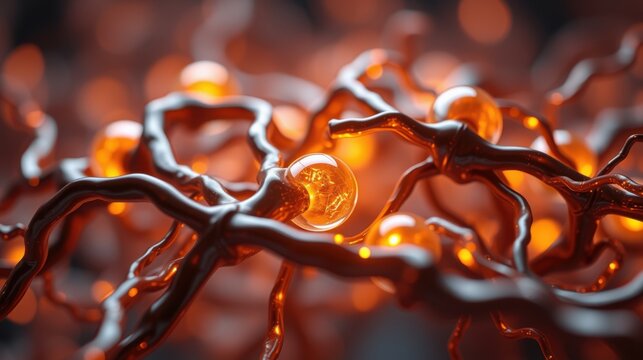 Abstract network, glowing orbs connected by dark branches. Warm tones dominate, creating futuristic feel. Complex structure, intriguing design.
