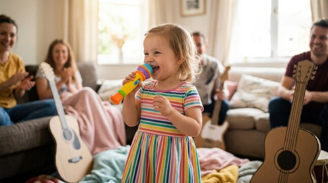 Little girl pretending to sing with a toy microphone, joyful childhood play scene with imagination, performance and expressive fun, strong commercial stock appeal for family, creativity and kids