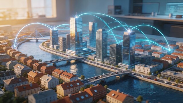 Futuristic miniature city model with glowing digital network connections smart urban planning concept 3D illustration of modern metropolis with river bridges skyscrapers and data