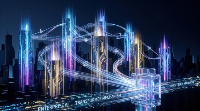 Enterprise AI focus shown as abstract attention scores in a glowing data pillar cityscape, transformer mechanism concept for machine learning, business intelligence and deep technology branding,