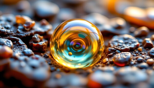 A glossy, reflective sphere with a warm amber hue rests on a textured, pebbly surface composed of small rocks and particles