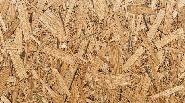 OSB oriented strand board wood house background texture &ndash; pattern of flat fibreboard building panel from wooden chip material used in construction of floor, roof and walls, tileable texture background