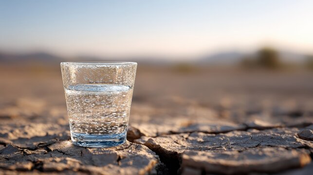 resource scarcity, a high-quality close-up of a glass of water set against a cracked desert background, emphasizing the scarcity of essential resources