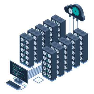 Isometric monitoring big data storage. Data transmission technology. Online hosting technology concept. Isometric technology