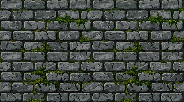 Old grey stone bricks with green moss in a pixel art style