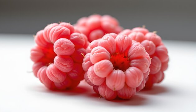 The image features three plump, pink raspberries placed closely together on a white surface