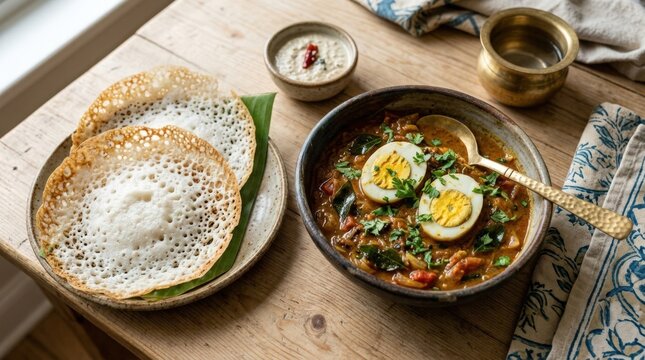 Kerala appam with egg curry, authentic Indian cuisine for restaurant menus, delivery and culinary branding, rich texture, appetizing plating, top view or close-up styling, natural light,