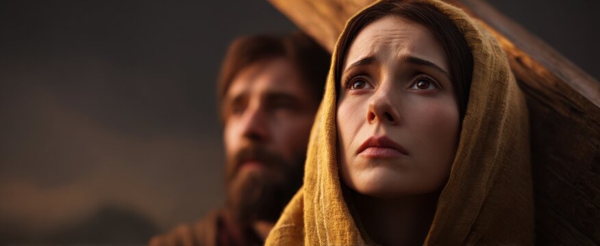 Disciple Peter aids Mary Magdalene at the cross on Calvary during Jesus' crucifixion.