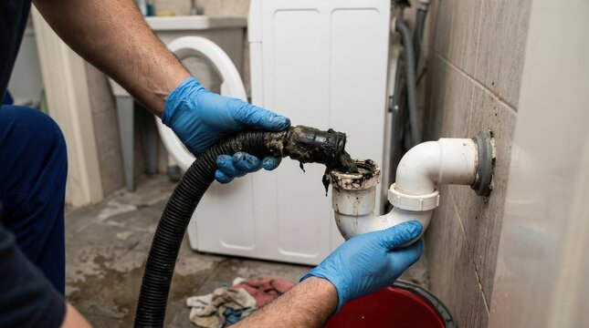 Worker removing black clogged washing machine drain pipe with mold, appliance care and maintenance concept for cleaning, hygiene, repair prevention and household service, close up action,