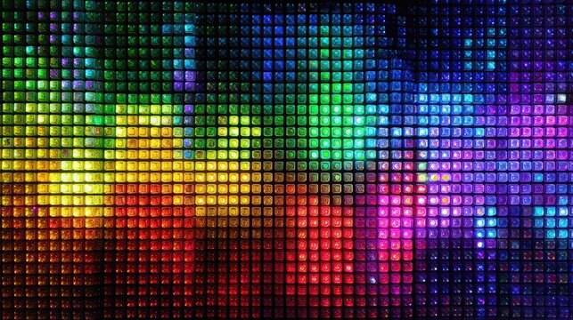 Vibrant led pixel screen display featuring dynamic colorful lighting effects and abstract digital grid patterns for modern technology backgrounds and visual design