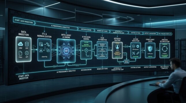 AI powered automation process chain for enterprise workflow, intelligent sequence of tasks, approvals and machine decisions visualized in a streamlined production like system, dark premium background,