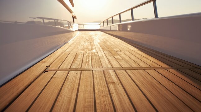 Wooden deck of a luxury yacht shines in golden sunset light. Smooth teak planks form a clean, detailed pattern on a boat deck. Nautical, maritime background.