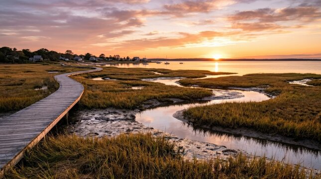 Salt marsh shoreline along Cape Cod Bay at sunset in Eastham Massachusetts, coastal wetland, glowing horizon, natural tranquility, travel destination, scenic tidal landscape, clean composition,