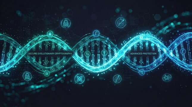 Enterprise quantum encryption helix with glowing DNA like structure, secure evolutionary cryptography and advanced protection on a dark abstract background, teal cyan accents, clean composition,