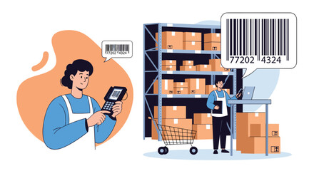 Fototapeta premium Busy warehouse workers use digital scanners to track inventory and manage logistics in a large storage facility.