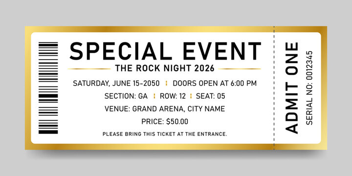 Luxury gold special event ticket template. White and gold ticket design for concert and festival event, movie theater coupon