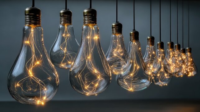 Creative innovation concept featuring multiple hanging light bulbs with glowing warm string lights inside against a dark background for modern interior decor ideas