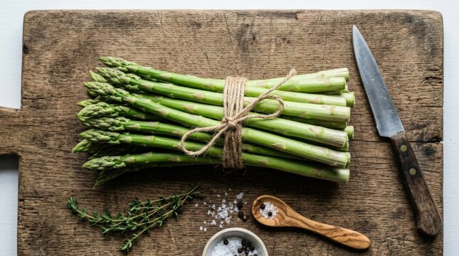 Fresh green asparagus bundle arranged with twine and knife on wooden board, raw seasonal vegetables in minimal composition for healthy produce branding, rustic kitchen editorials and recipe campaigns,