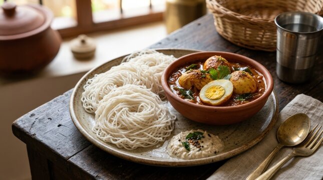 Kerala idiyappam with egg curry, authentic string hoppers breakfast with delicate rice noodles and rich spiced gravy, strong South Indian food appeal for menus, regional cuisine blogs and restaurant