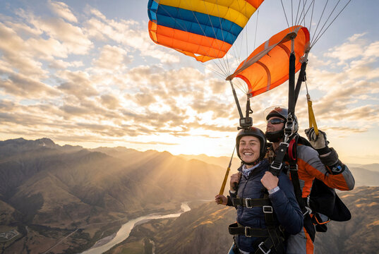 Happy couple enjoying tandem paragliding above mountain landscapes at sunset, experiencing adventure, freedom, and breathtaking aerial views. Copy space.