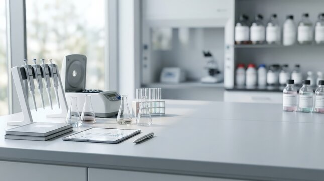Science and medical laboratory background with clean workspace and copy space for typography, clinical research concept, healthcare innovation, minimal lab atmosphere and professional biotech styling,