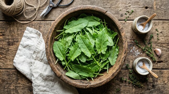 Freshly harvested sorrel leaves in wooden bowl on textured wooden surface, organic leafy greens and healthy vegetarian ingredient for farm to table concept, flat lay top view with rustic food styling,