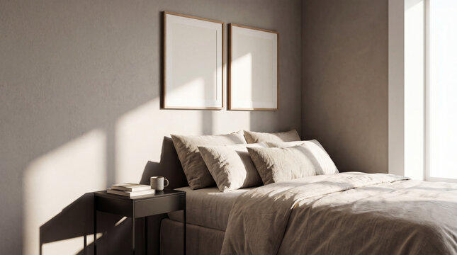 Minimalist bedroom interior featuring a cozy bed, beige linens, black nightstand, and two blank picture frames on the wall illuminated by warm sunlight.