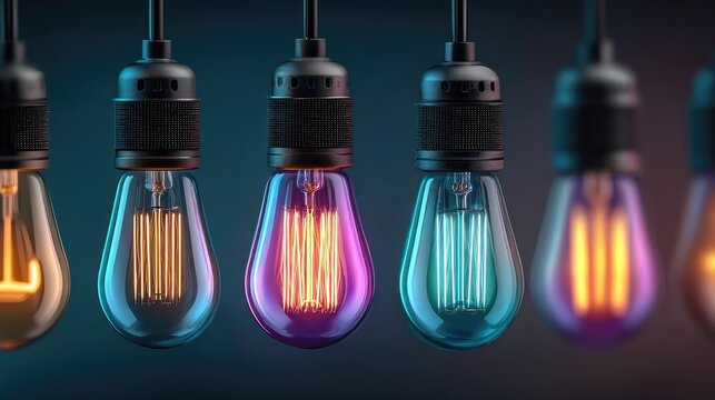 Row of vintage edison light bulbs with glowing colorful filaments creating a vibrant atmosphere of innovation and creative energy in a darkened studio setting