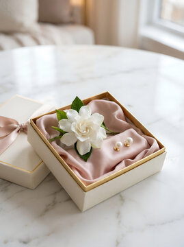 Luxury gift box with gardenia flower and pearl earrings, silk