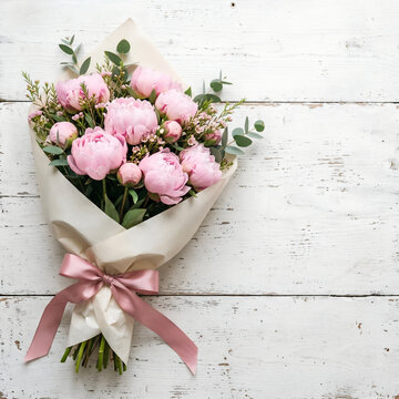 Pink peony bouquet wrapped in cream paper on white wood