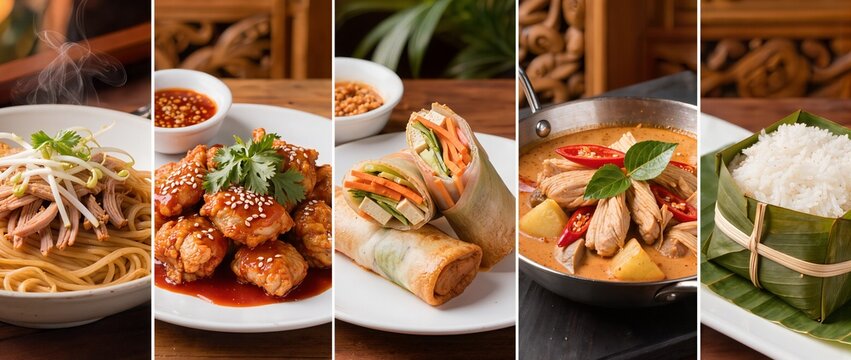 Asian inspired noodles, spicy chicken dish, fresh spring rolls, curry, and rice