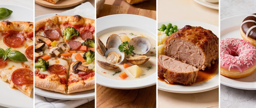 Variety of delicious food including pizza clam chowder meatloaf and donuts