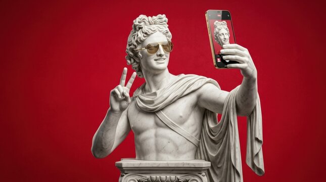 Glamorous statue of Apollo wearing glasses and taking a selfie with a smartphone on a red background, playful classical art remix with pop culture and social media flair, bold studio composition,