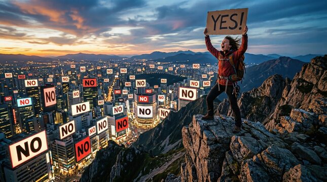 Woman on mountain peak shouting yes overcoming urban no obstacles