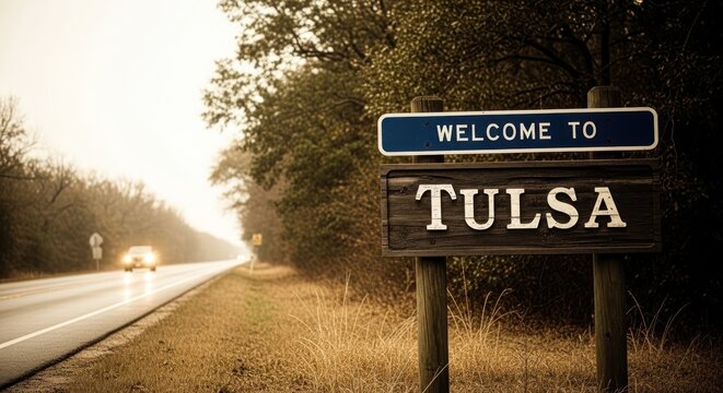 A welcoming road sign stands beside a highway on a sunny day in Tulsa.
