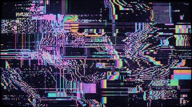 Pastel neon rainbow pixel texture with broadcast noise, pixel drift, scanline interference and retro signal chaos for electronic music flyers, cyber visuals, poster design and social media branding,