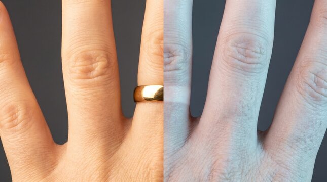 Hand with a wedding ring split by contrasting color temperatures.