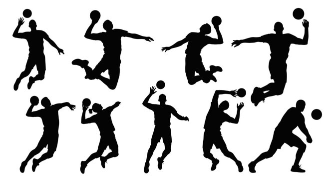 Volleyball player silhouettes in action on white background