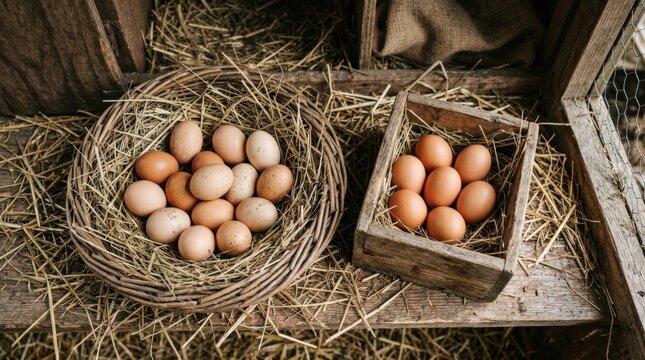 Chicken eggs in a wicker nest and box inside a coop, top view of natural organic eggs in hay for farm, grocery, agriculture or food packaging themes, rustic still life with fresh authenticity, soft