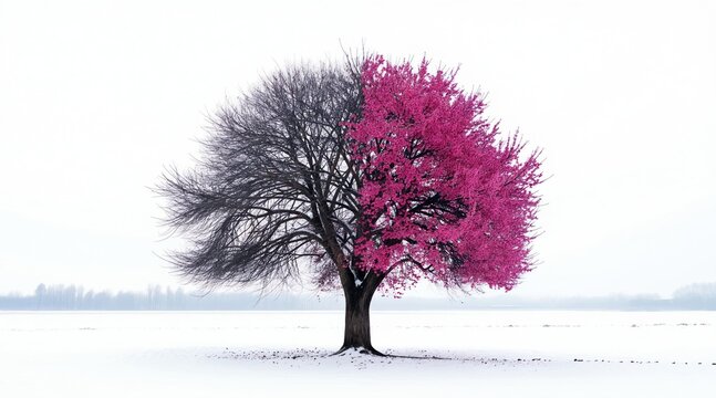 Solitary tree splits winter starkness with vibrant spring blossoms. Bare branches contrast bright pink flowers against snowy field. Nature art signifies change, growth, duality. Life balance,