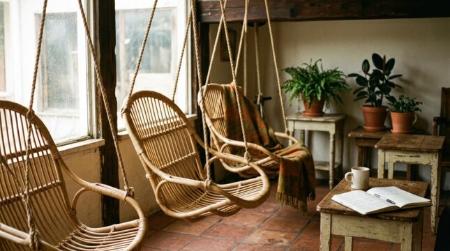 Film snapshot of swinging chairs, nostalgic lifestyle detail, quiet motion, candid memory and retro interior concept for editorial storytelling, travel diary visuals and artistic background use,