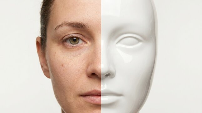 Woman's natural face contrasting with a pristine white mannequin mask.