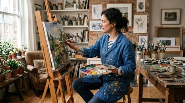 Woman painting on a canvas in a room, creative lifestyle scene with artistic focus, home studio atmosphere and self-expression appeal for art, hobby and maker themes, natural light, realistic
