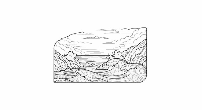 Stylized ocean waves crash against rocky shores under a cloudy sky