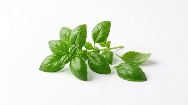 Fresh basil leaves isolated on white background, premium herb design element for food branding, recipe layouts and organic cooking visuals, crisp green texture, clean minimal composition, soft shadow,
