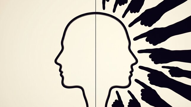 Silhouette of two heads with pointing fingers, symbolizing blame and judgment.