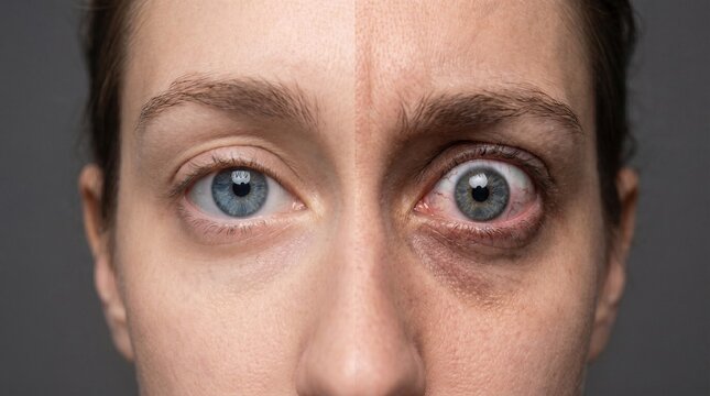 Close-up of a person's face showing normal and severely swollen eye.